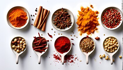 Wall Mural - Top view of various dried spices meticulously poured onto identical white spoons, Ai Generated