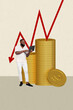 © deagreez - Vertical photo collage of american guy type macbook arrow down coin dollar inflation recession freelance isolated on painted background