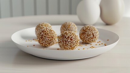 Sticker - Delicious sesame seed balls, Close up food photography, Healthy snack food, Sesame balls on plate, Dessert food stock photo