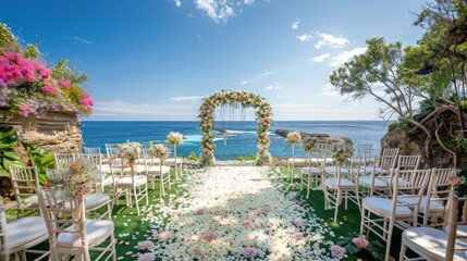 Poster - A wedding ceremony is taking place on a beach with a beautiful archway