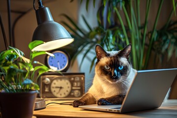 Wall Mural - A beautiful cat lounges on a table next to a laptop computer, seemingly engaged in home office work, captured in a detailed and adorable closeup portrait.