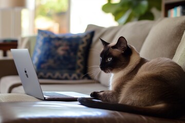 Wall Mural - A beautiful cat lounges on a table next to a laptop computer, seemingly engaged in home office work, captured in a detailed and adorable closeup portrait.