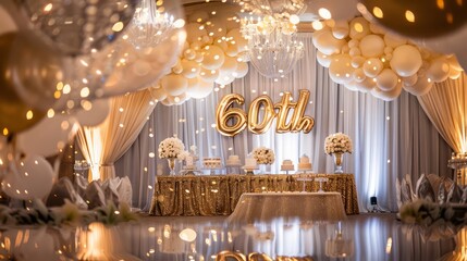Poster - A room with a large number of balloons and a sign that says 60th