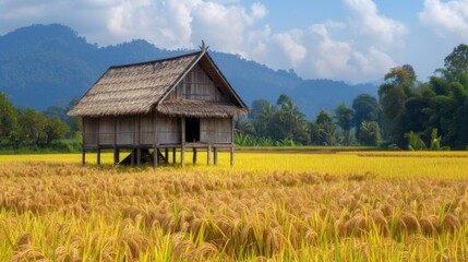 Poster - A traditional wooden rice barn standing amidst golden rice stalks, ready to store the harvest and ensure food security for the community