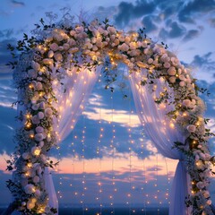 Poster - A white archway with flowers and lights is set up for a wedding ceremony