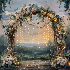 Poster - A beautiful archway with flowers and lights leading to a river