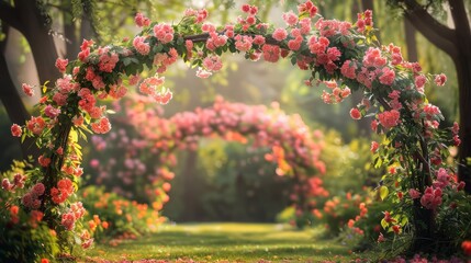 Poster - A beautiful archway of pink flowers is the centerpiece of a garden