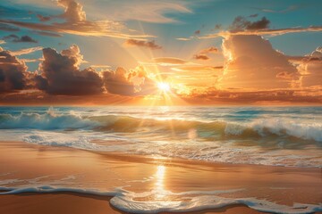 Wall Mural - Breathtaking sunset over a serene beach with waves crashing on the shore and a colorful sky reflecting on the water.