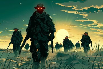 Digital art of an eerie nighttime scene with soldiers wearing glowing red goggles, marching under a twilight sky.