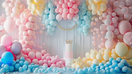 Wall Mural - A colorful room with a cake and balloons