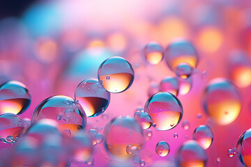 Poster - Pink holographic bubbles floating on the soft colorful abstract background in beautiful vivid tones.