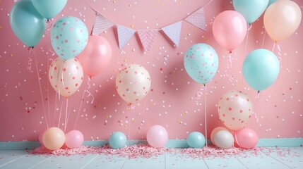Poster - A pink and blue room with a pink wall and pink and blue balloons