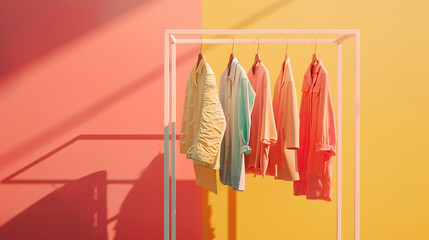 Wall Mural - Stylish pastel clothing displayed on a minimalist clothing rack against a vibrant background, ideal for retail and fashion