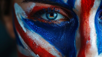 Close-up of an eye painted with the Union Jack flag, showcasing vibrant patriotism and detailed face paint art.