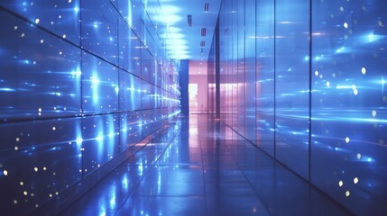 Poster - A long hallway with blue walls and lights shining on the floor