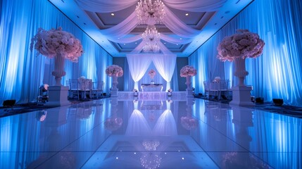 Poster - A large room with blue lights and white curtains