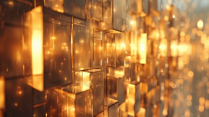 Poster - A wall of gold cubes with a shiny, reflective surface