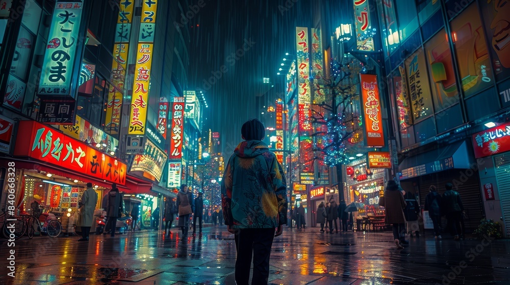 Japan city street at night. Silhuette of a person, neon lights and ...