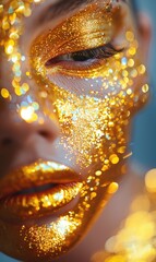 Wall Mural - Beauty white skin woman face with golden make up portrait close up