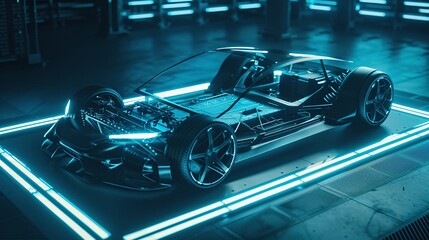 futuristic electric sport fast car chassis and battery packs with high performance or future EV fatory production and prototype showcase concepts as wide banner with copy space area