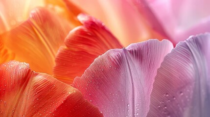 Wall Mural - Close-up of delicate pink and orange tulip petals with water droplets.