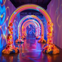 Poster - A colorful archway with flowers and a rainbow