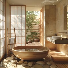 Wall Mural - This image showcases a classic Asian-inspired bathroom featuring a traditional wooden ofuro soaking tub, intricate wooden carvings, paper lantern lighting, sliding fusuma doors, and a tatami mat floor