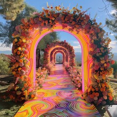 Wall Mural - A colorful archway with flowers and a rainbow pattern