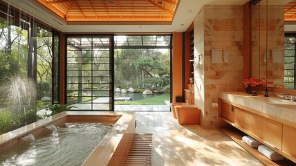 Wall Mural - This image showcases a classic Asian-inspired bathroom featuring a traditional wooden ofuro soaking tub, intricate wooden carvings, paper lantern lighting, sliding fusuma doors, and a tatami mat floor