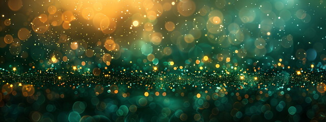 Wall Mural - Abstract image featuring a horizontal blend of green and gold glitter bokeh, sparkling and festive background