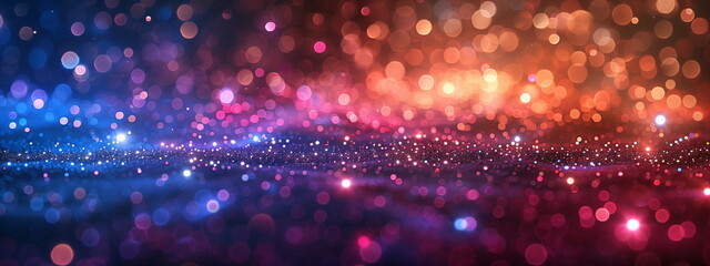 Wall Mural - Blue, pink, and orange glitter bokeh and shimmering background. The sparkling lights and defocused elements, festive and magical atmosphere with a panoramic format
