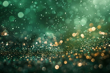 Wall Mural - Abstract green and gold glitter bokeh background with sparkling lights and a shimmering surface. Festive and luminous atmosphere