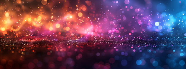Wall Mural - Abstract orange, pink and blue glitter bokeh background with a blend of warm and cool hues featuring sparkling lights and a shimmering surface in a panoramic format