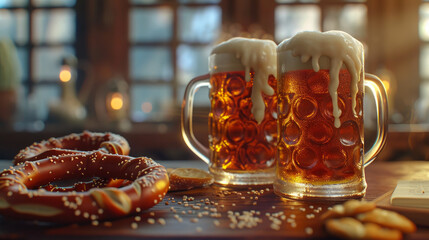 Wall Mural - Foamy Fun: Beer and Pretzels