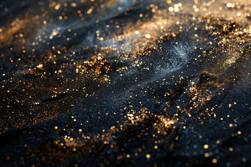 Wall Mural - Golden glitter on a dark textured surface with bokeh lights