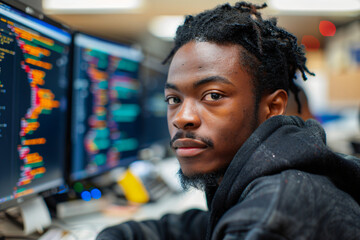 Poster - young man coding on computer screens. indoor portrait. technology and software development concept
