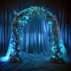 A blue archway with white flowers and lights