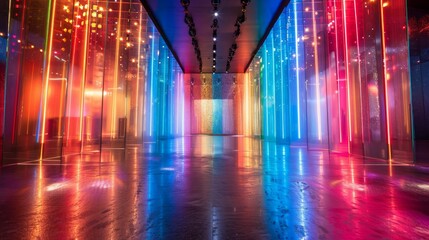 Poster - A large room with neon lights and a rainbow colored wall