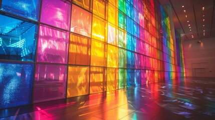 Poster - A colorful wall with many windows and a rainbow effect