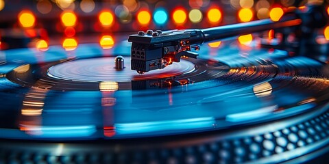 A close-up view of a spinning vinyl record on a turntable at a nightclub, illuminated by colorful lights