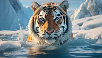 Wall Mural - Portrait of a siberian tiger in the water