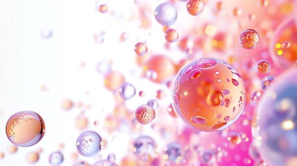 Poster - Vibrant abstract bubbles in pink and orange hues floating in a white background, creating an ethereal, playful atmosphere.
