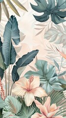 Sticker - Illustration of tropical wallpaper print design with palm banana leaves and birds on canvas texture. Tropical plants and birds on textured background. AI generated illustration