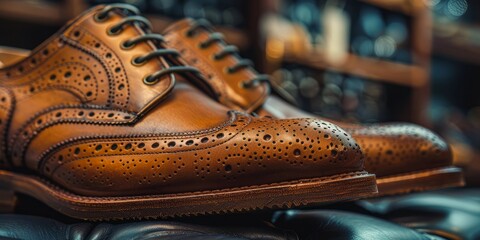 Wall Mural - A close-up photo of a pair of brown leather brogue shoes in a shoe store