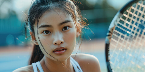 A woman holds a tennis racquet on a tennis court, ready to play