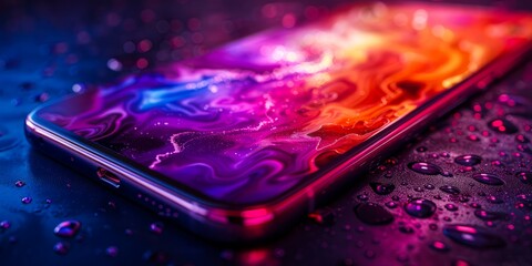 Wall Mural - A close-up image of a smartphone with a colorful abstract background, sitting on a dark surface with water droplets
