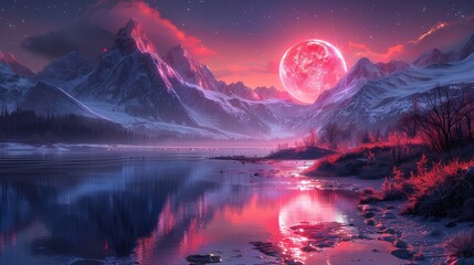 Wall Mural - futuristic fantasy landscape: a sci-fi scene with a distant planet illuminated by neon light
