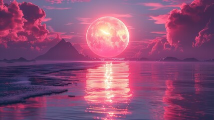 Wall Mural - futuristic fantasy landscape: a sci-fi scene with a distant planet illuminated by neon light