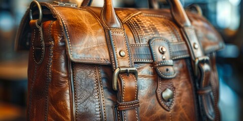 Wall Mural - A close-up shot of a brown leather bag with a metal buckle and stitching details