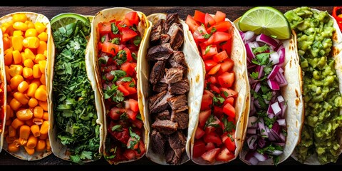 Wall Mural - Six tacos with a variety of fillings, including corn, cilantro, tomatoes, beef, onions, and guacamole, displayed on a wooden table